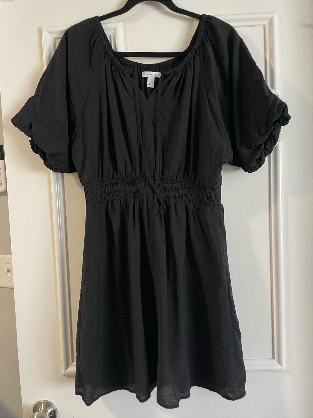 Nine West Puff Sleeve Black A Line Smock Waist Mini Dress